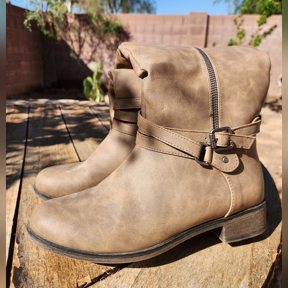 XOXO Tan Knee-High Boots with Zipper and Buckle